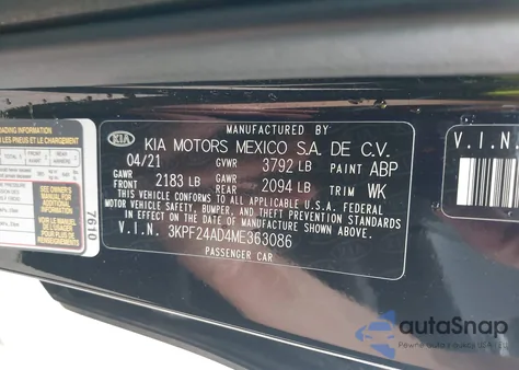 2021 Kia Forte Lxs из США, поврежденный, VIN 3KPF24AD4ME363086